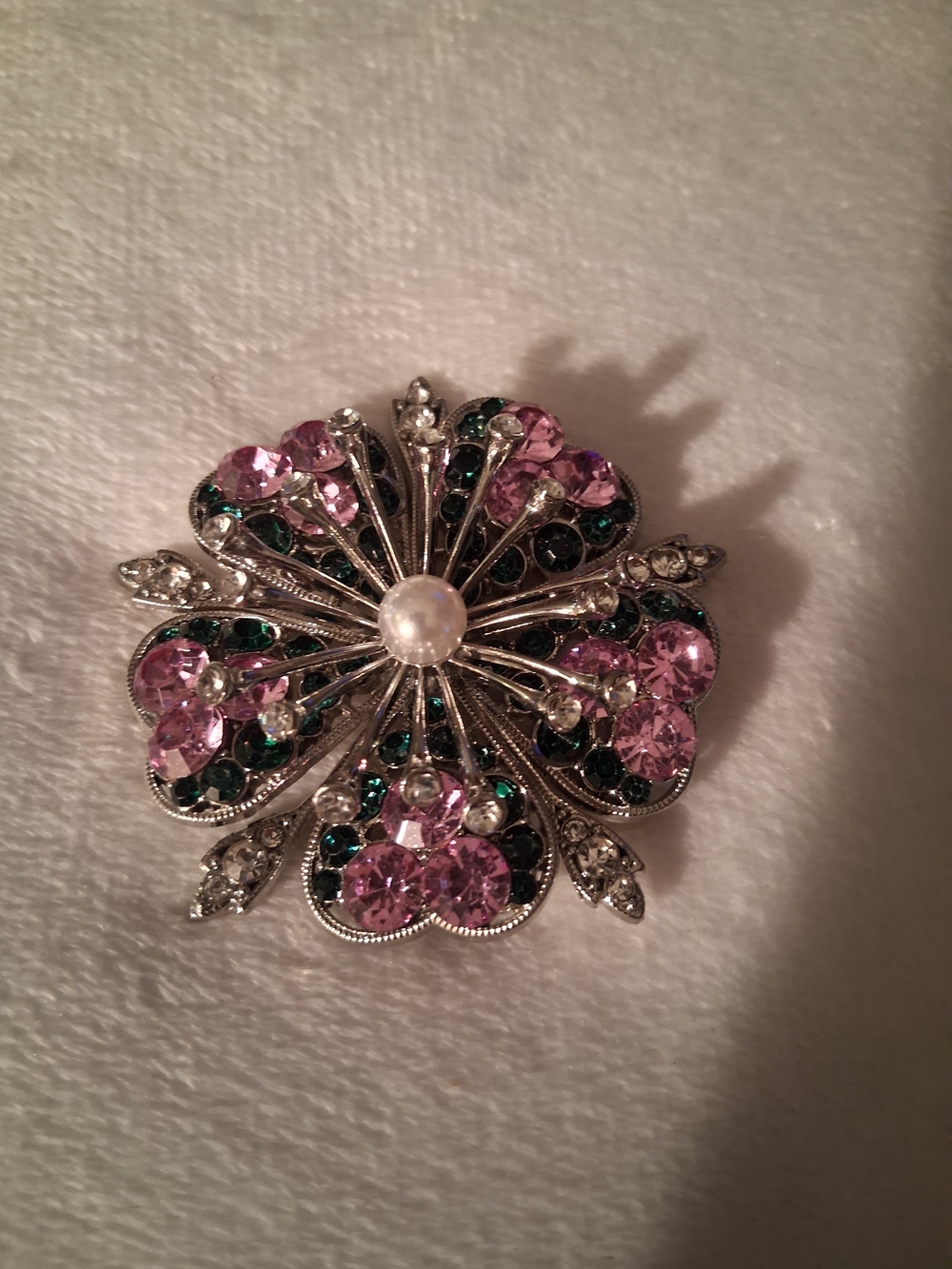 Vintage-Inspired Pink and Green Crystal Flower Brooch